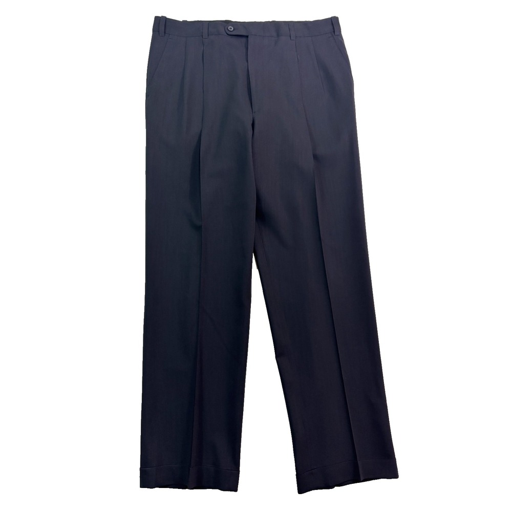 vtg Linea Naturale Italy 38x32 Black‎ Dress Suit Pants 100% Wool Pleated Cuffed